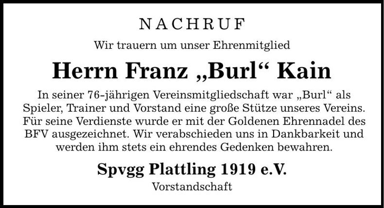 Traueranzeige Franz Kain