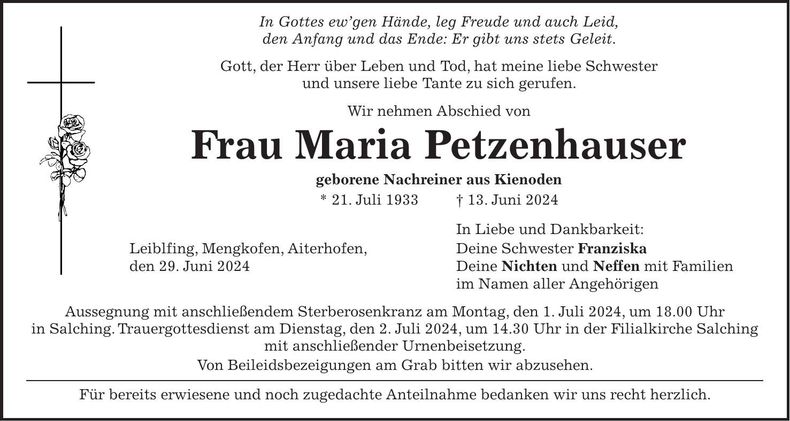Traueranzeige Maria Petzenhauser