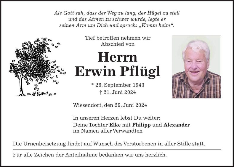 Traueranzeige Erwin Pflügl