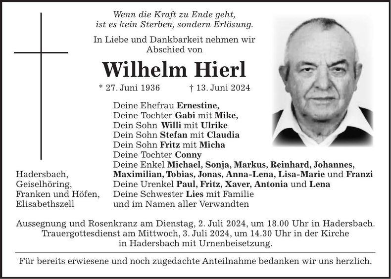 Traueranzeige Wilhelm Hierl