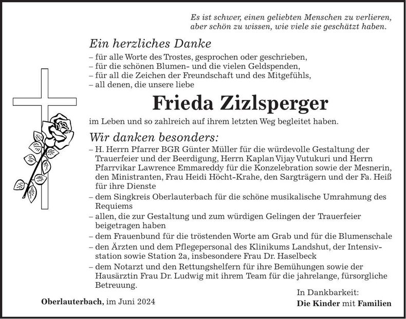 Traueranzeige Frieda Zizlsperger