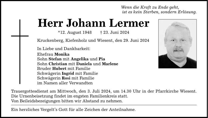 Traueranzeige Johann Lermer