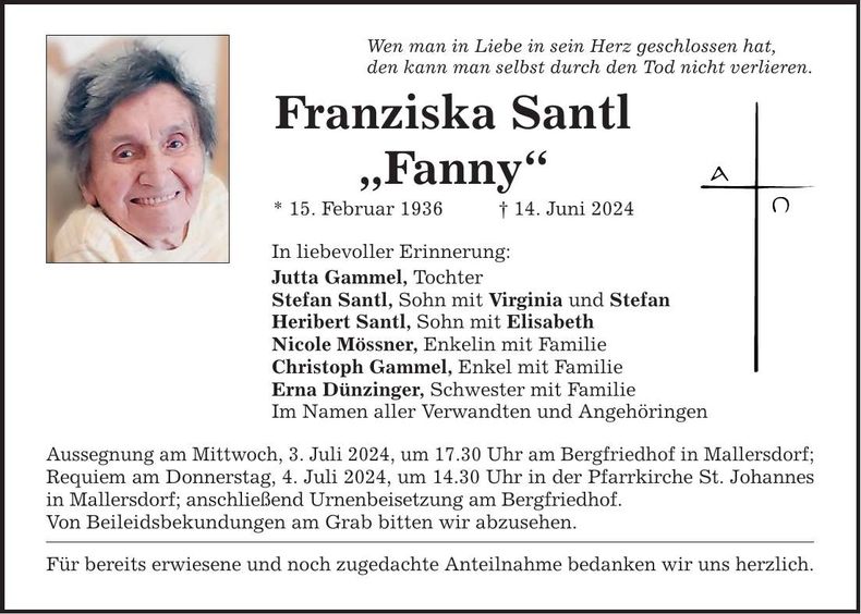 Traueranzeige Franziska Santl