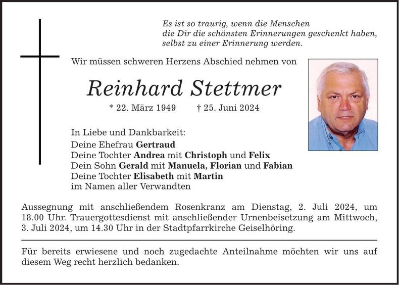 Traueranzeige Reinhard Stettmer