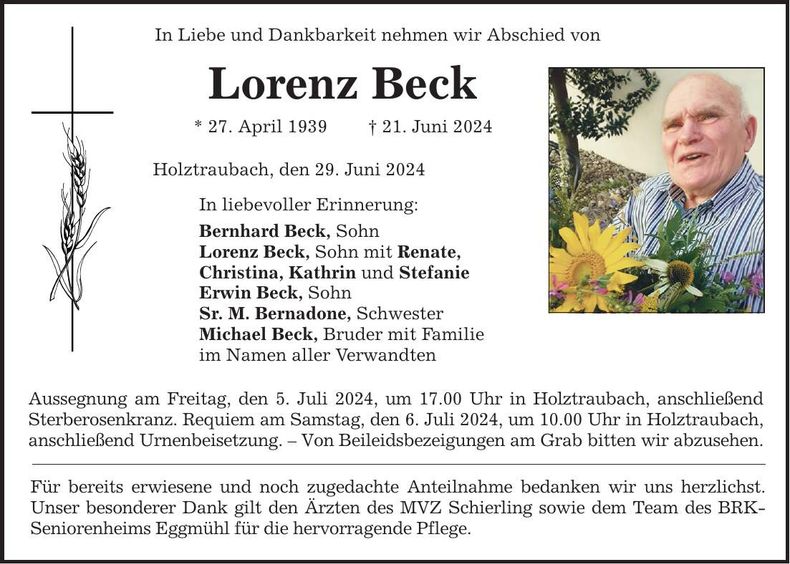 Traueranzeige Lorenz Beck