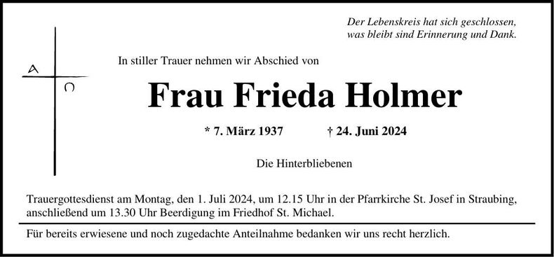 Traueranzeige Frieda Holmer
