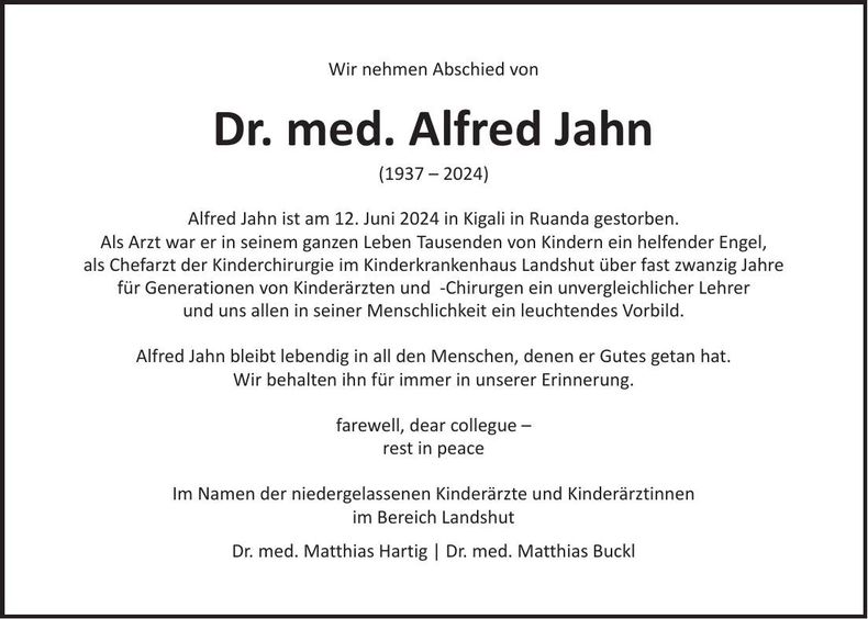 Traueranzeige Alfred Dr. med. Jahn