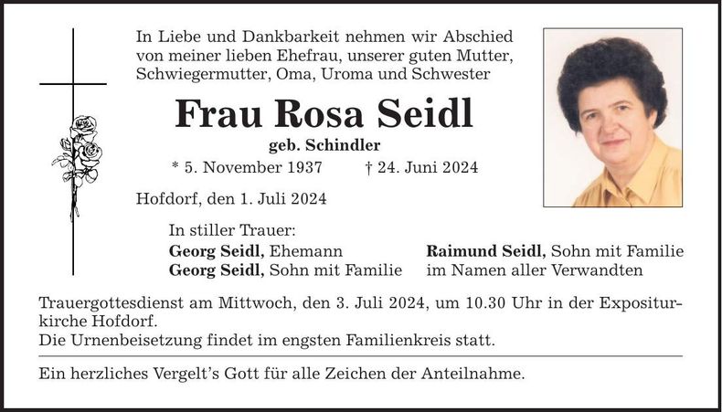 Traueranzeige Rosa Seidl