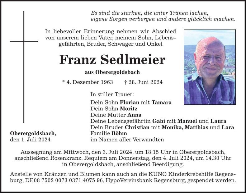 Traueranzeige Franz Sedlmeier