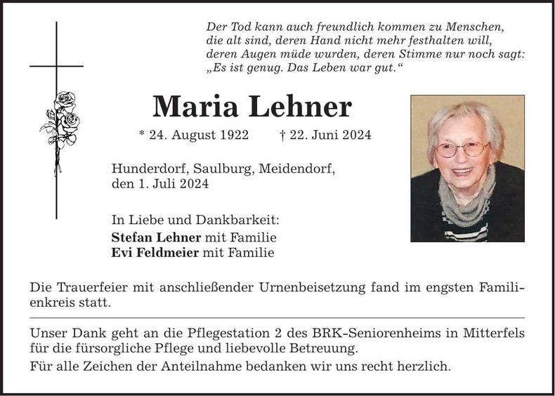 Traueranzeige Maria Lehner