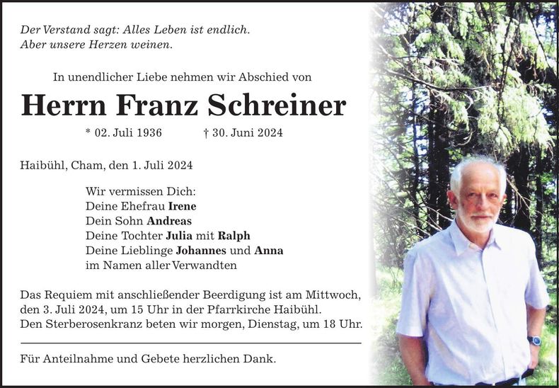Traueranzeige Franz Schreiner