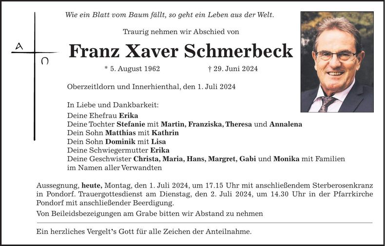 Traueranzeige Franz Xaver Schmerbeck