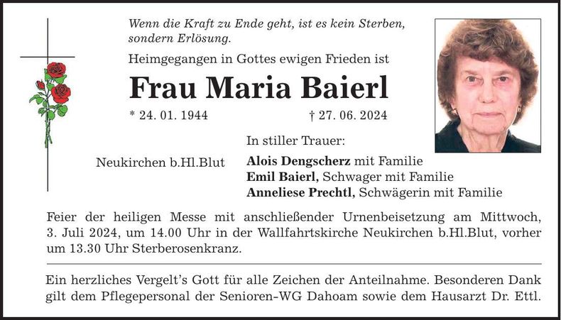 Traueranzeige Maria Baierl
