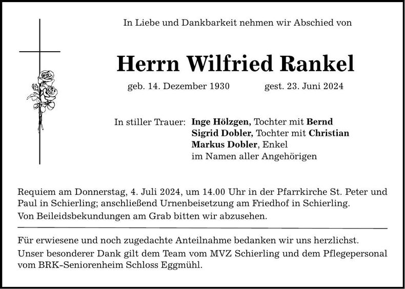 Traueranzeige Wilfried Rankel