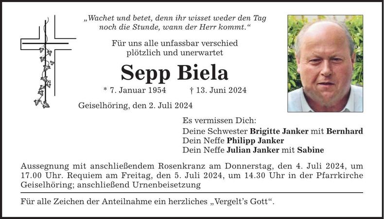 Traueranzeige Sepp Biela