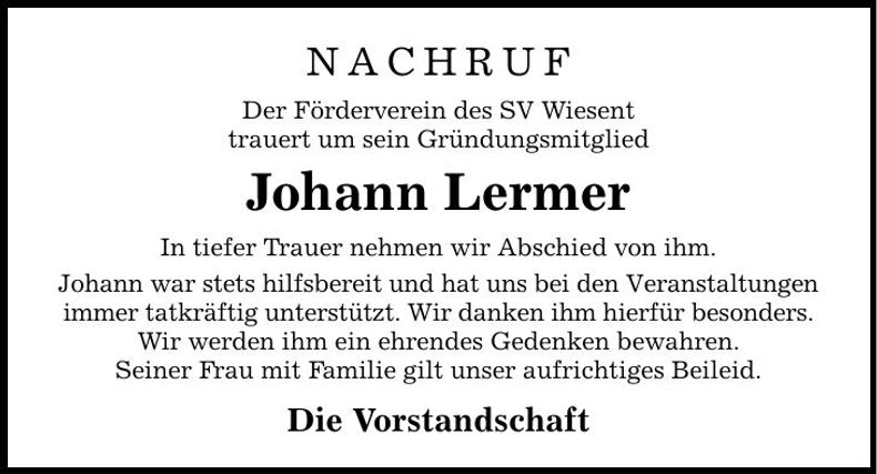 Traueranzeige Johann Lermer