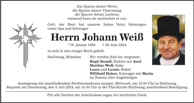 Traueranzeige Johann Weiß