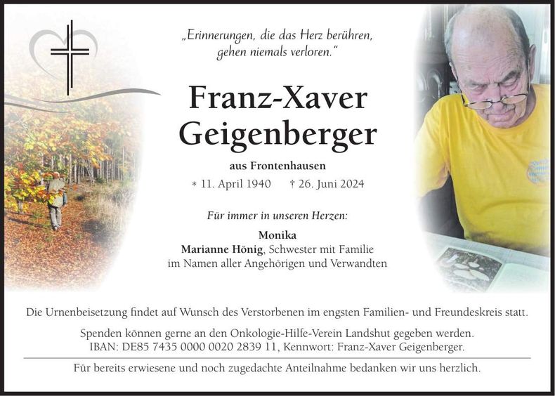 Traueranzeige Franz-Xaver Geigenberger