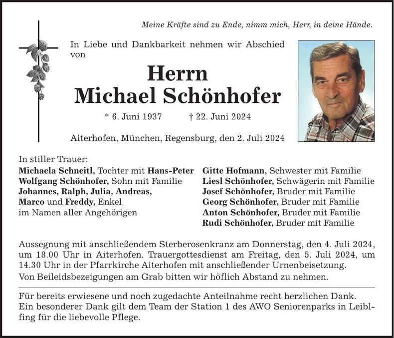 Traueranzeige Michael Schönhofer