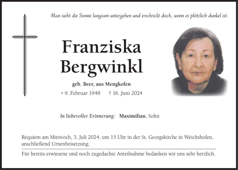 Traueranzeige Franziska Bergwinkl