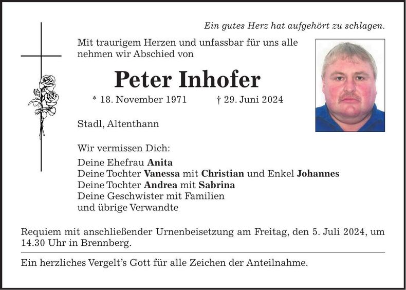 Traueranzeige Peter Inhofer
