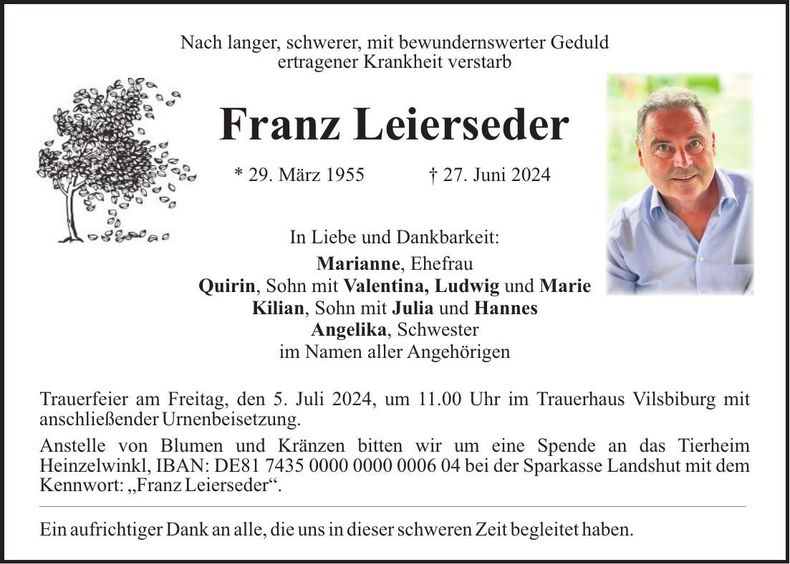 Traueranzeige Franz Leierseder
