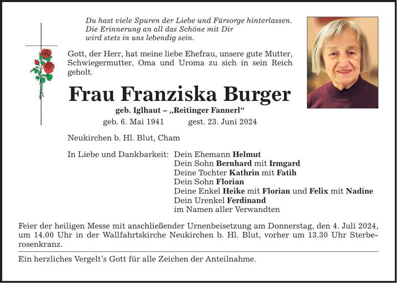 Traueranzeige Franziska Burger
