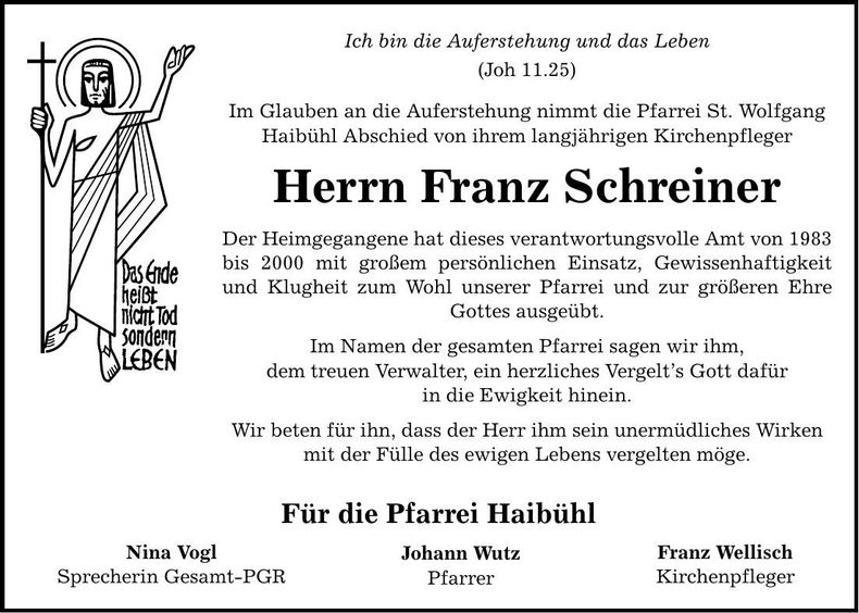 Traueranzeige Franz Schreiner