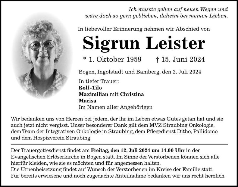 Traueranzeige Sigrun Leister