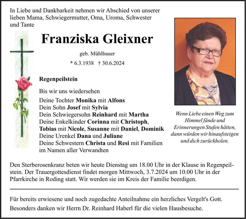 Traueranzeige Franziska Gleixner