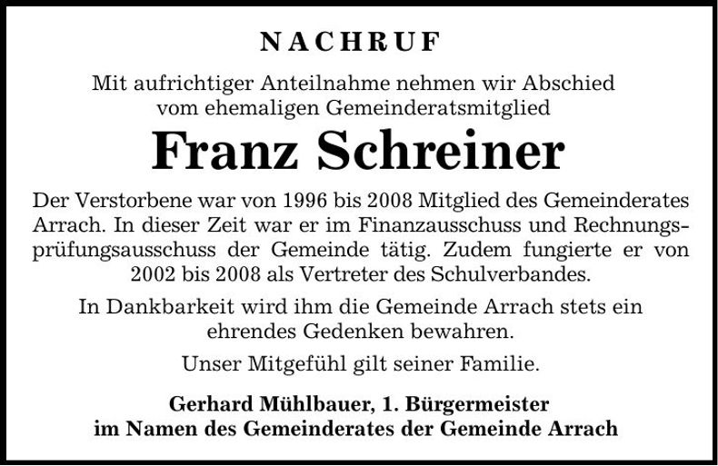 Traueranzeige Franz Schreiner