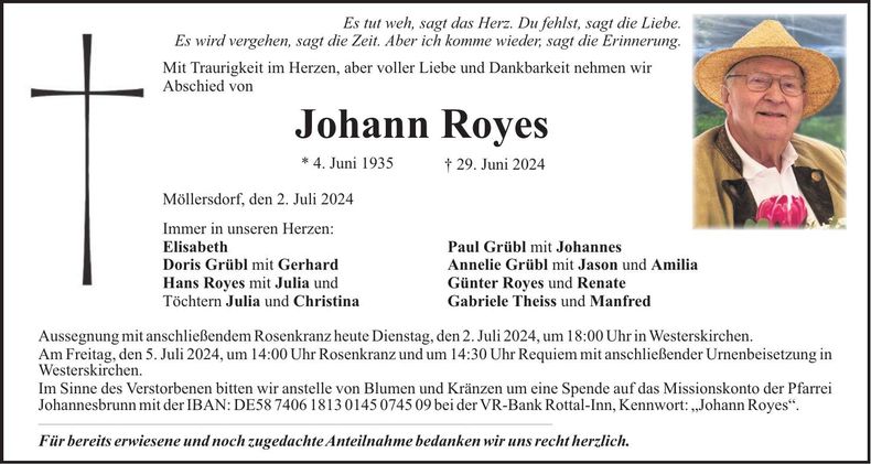 Traueranzeige Johann Royes