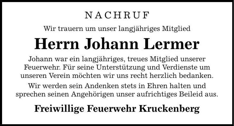 Traueranzeige Johann Lermer