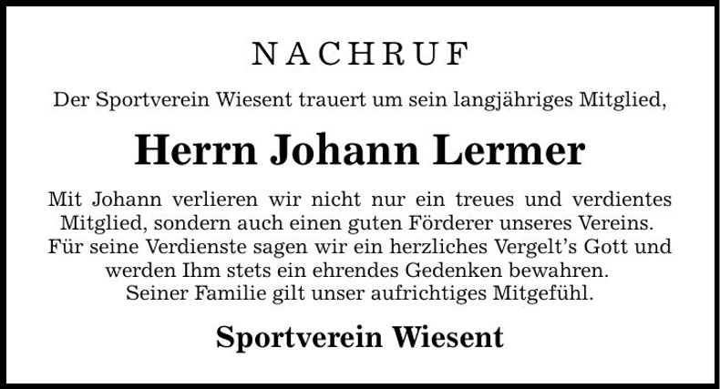 Traueranzeige Johann Lermer