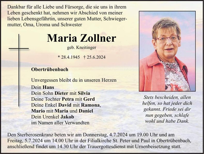 Traueranzeige Maria Zollner