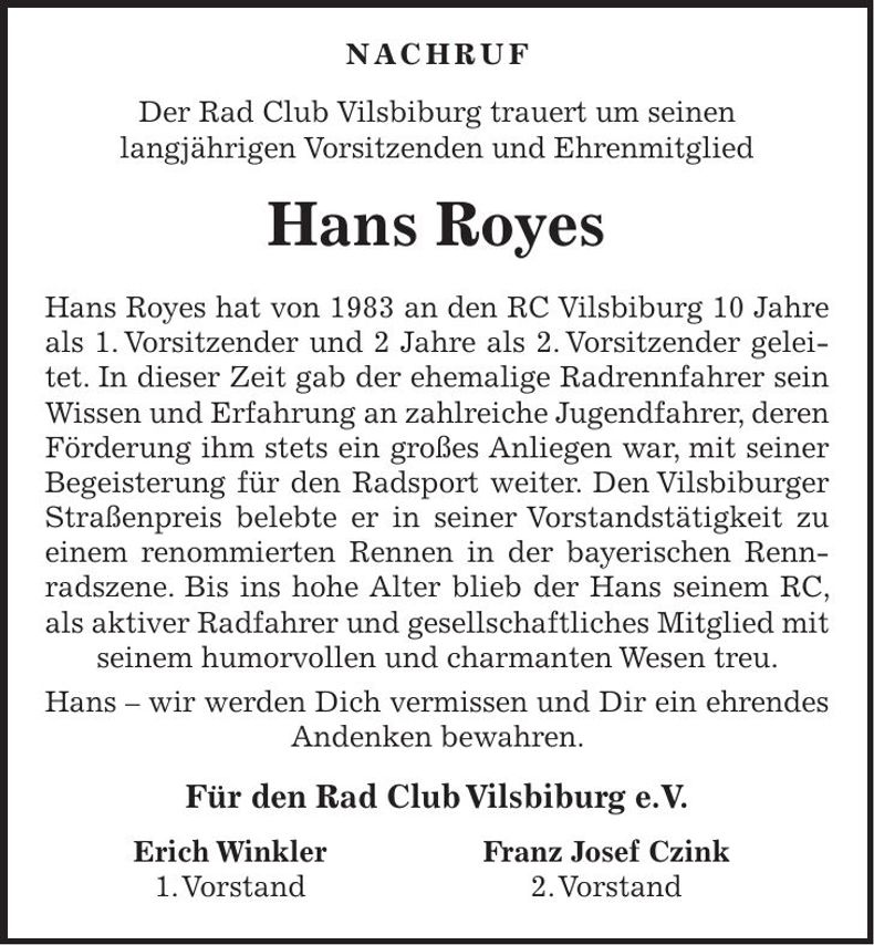 Traueranzeige Hans Royes