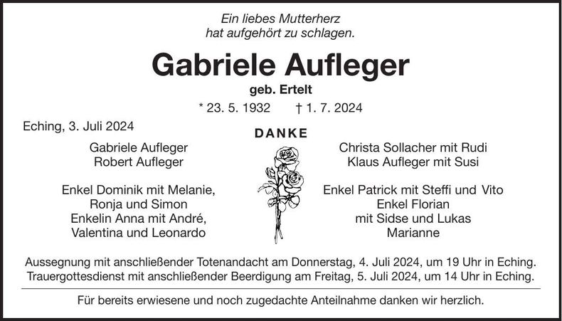 Traueranzeige Gabriele Aufleger