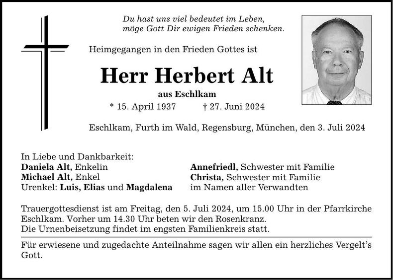 Traueranzeige Herbert Alt