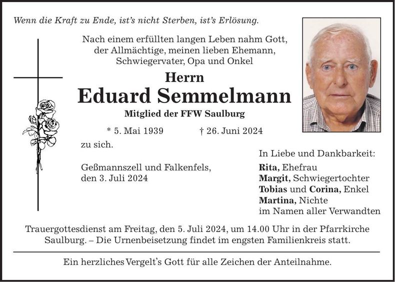 Traueranzeige Eduard Semmelmann
