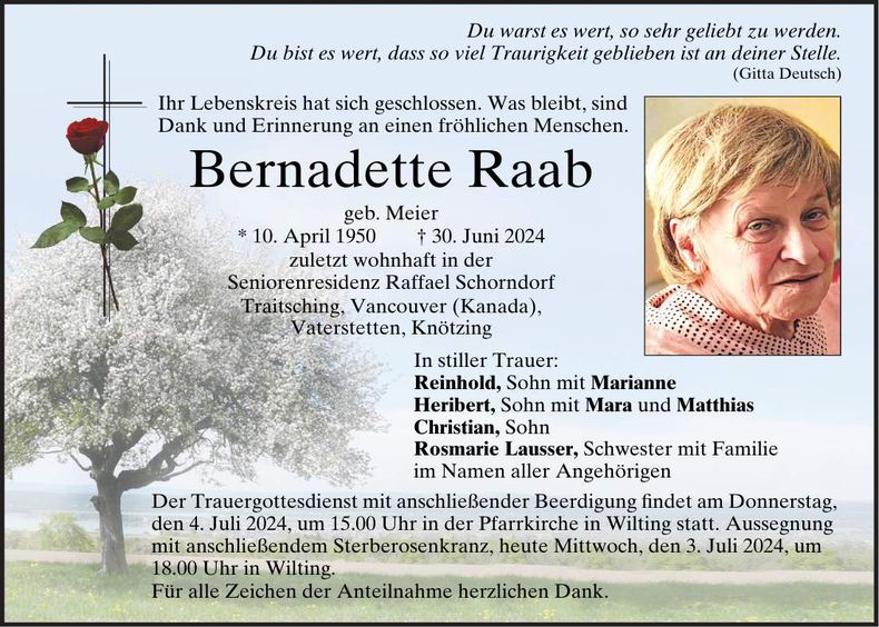 Traueranzeige Bernadette Raab