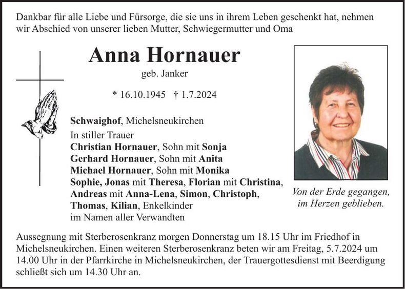 Traueranzeige Anna Hornauer