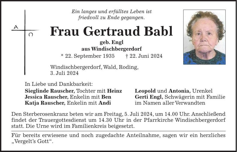 Traueranzeige Gertraud Babl