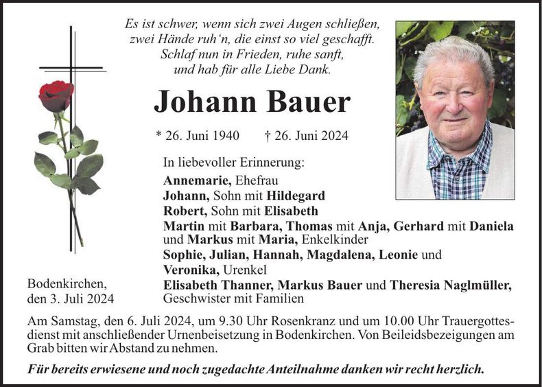 Traueranzeige Johann Bauer