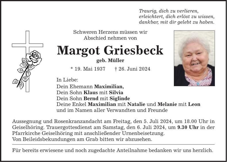 Traueranzeige Margot Griesbeck