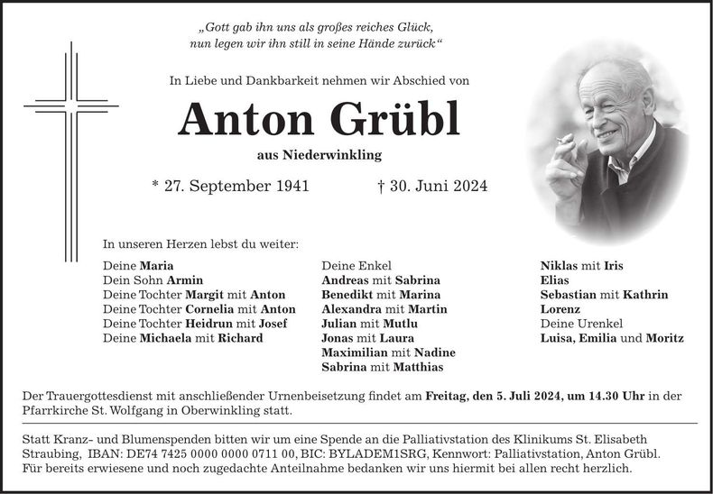 Traueranzeige Anton Grübl
