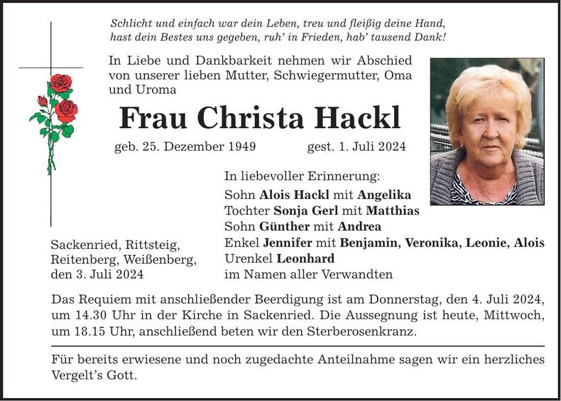 Traueranzeige Christa Hackl