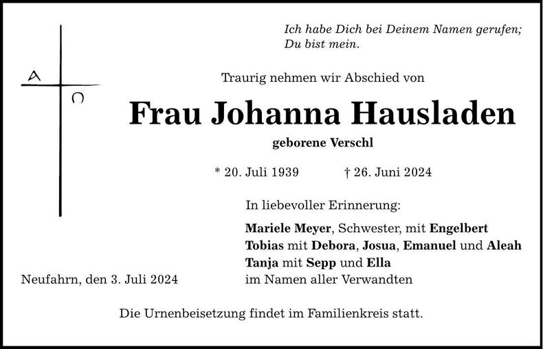 Traueranzeige Johanna Hausladen
