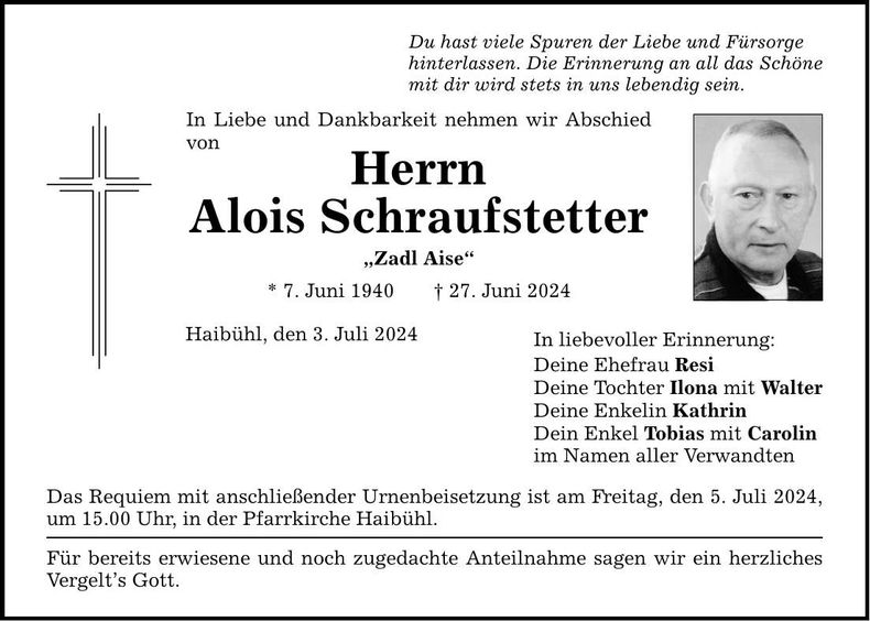 Traueranzeige Alois Schraufstetter