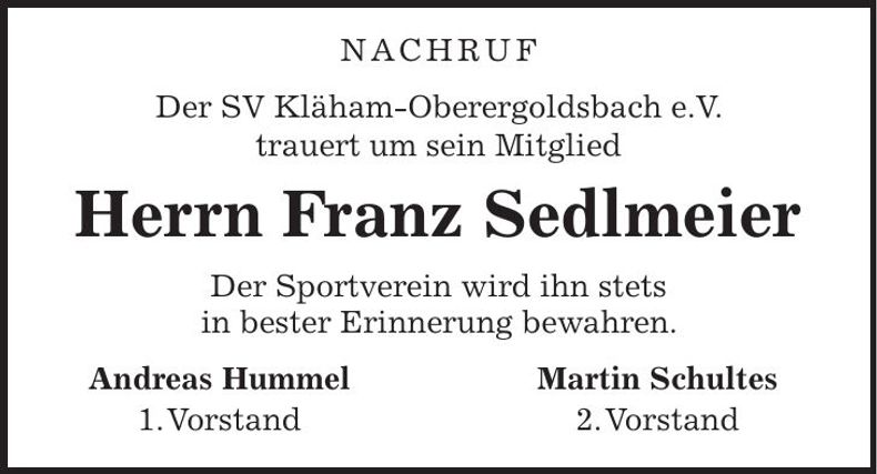 Traueranzeige Franz Sedlmeier