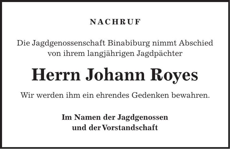 Traueranzeige Johann Royes